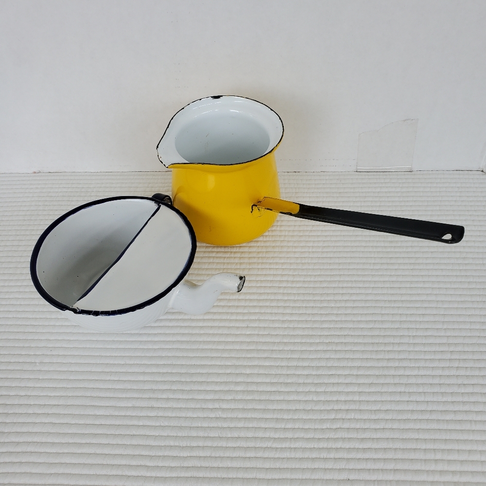 2 Enamelware Small Tea Pot Spouted Ladle Handle Coffee Pot Vintage Yellow White